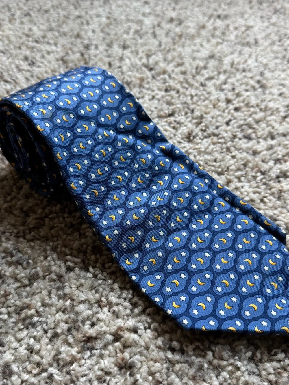 Salvatore Ferragamo 100% Silk Tie Blue Moon Stars Celestial Made in Italy